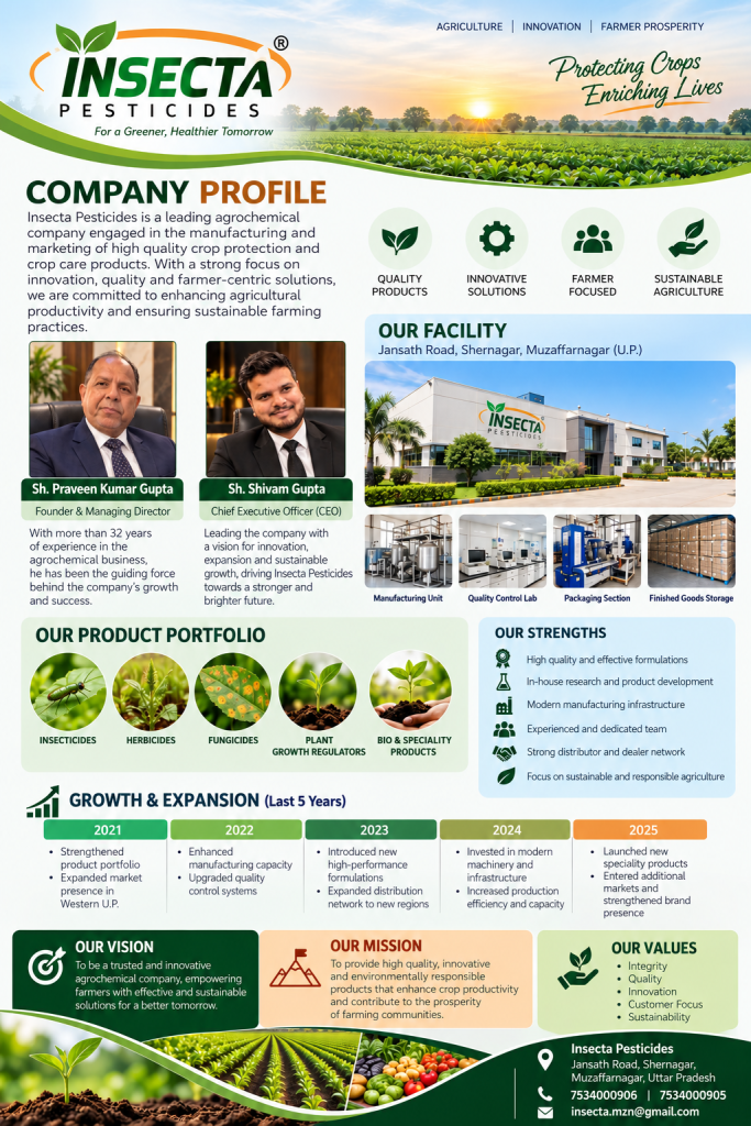 Company profile infographic for Insecta Pesticides, detailing their focus on agricultural innovation and sustainable farming, featuring trust concepts, product offerings, and growth strategies.